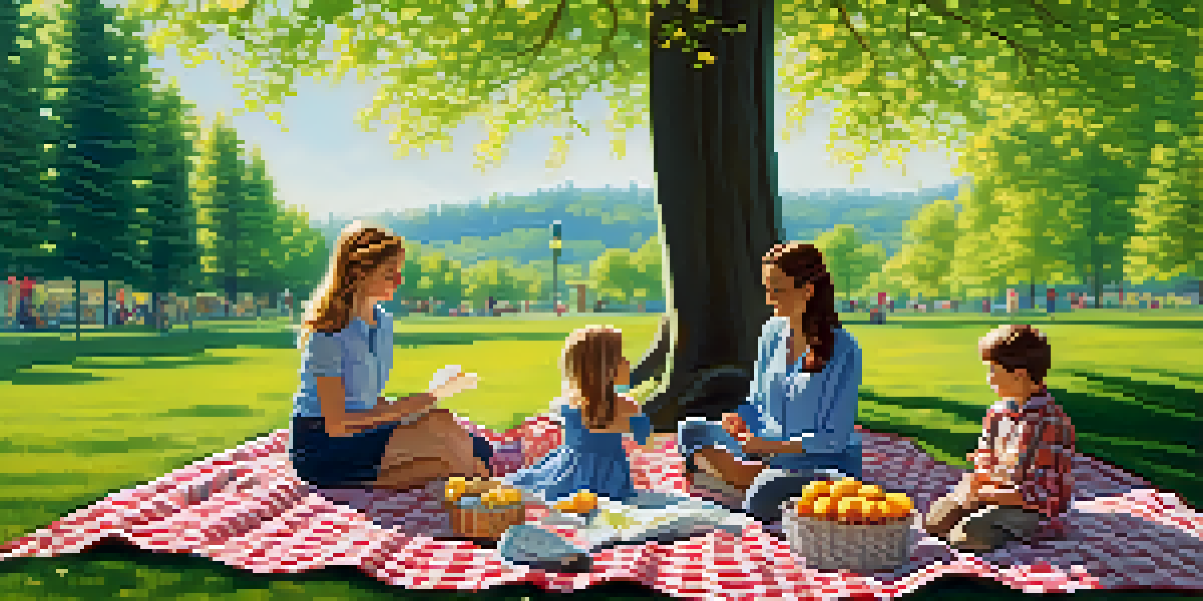 A colorful spring park with blooming flowers, tall trees, and a family having a picnic on a blanket.
