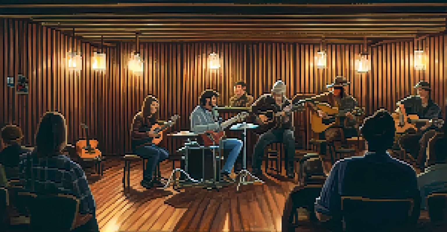 A cozy music venue in Seattle with a singer-songwriter performing on stage, warm lights, and an engaged audience.