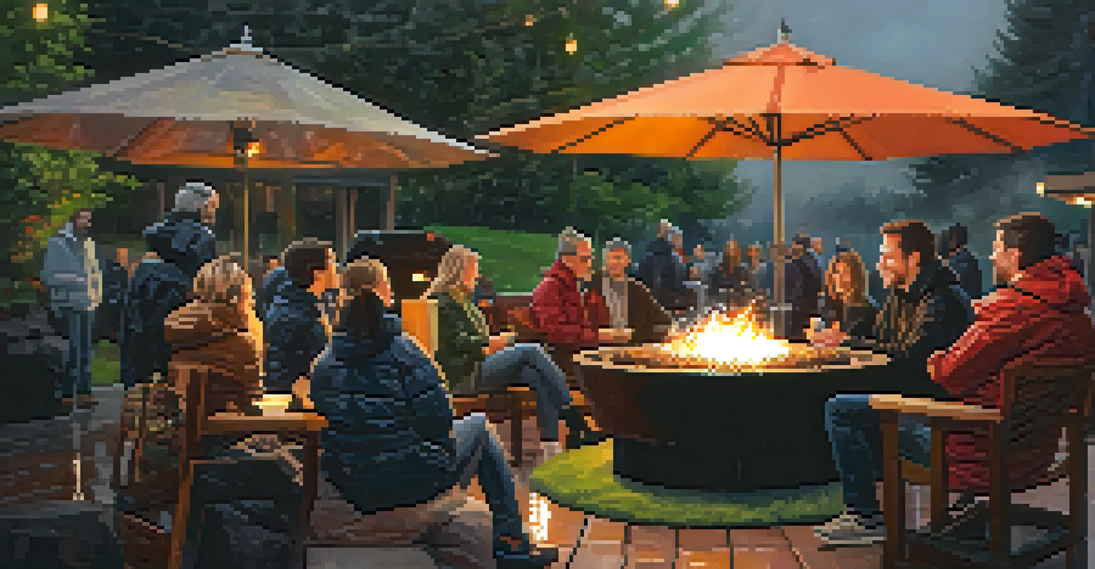 Guests gathered around a fire pit at an outdoor event in Seattle, wearing waterproof jackets and enjoying the rain-soaked ambiance.