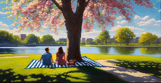 A couple enjoying a picnic in a blooming urban park with colorful flowers and a pond.
