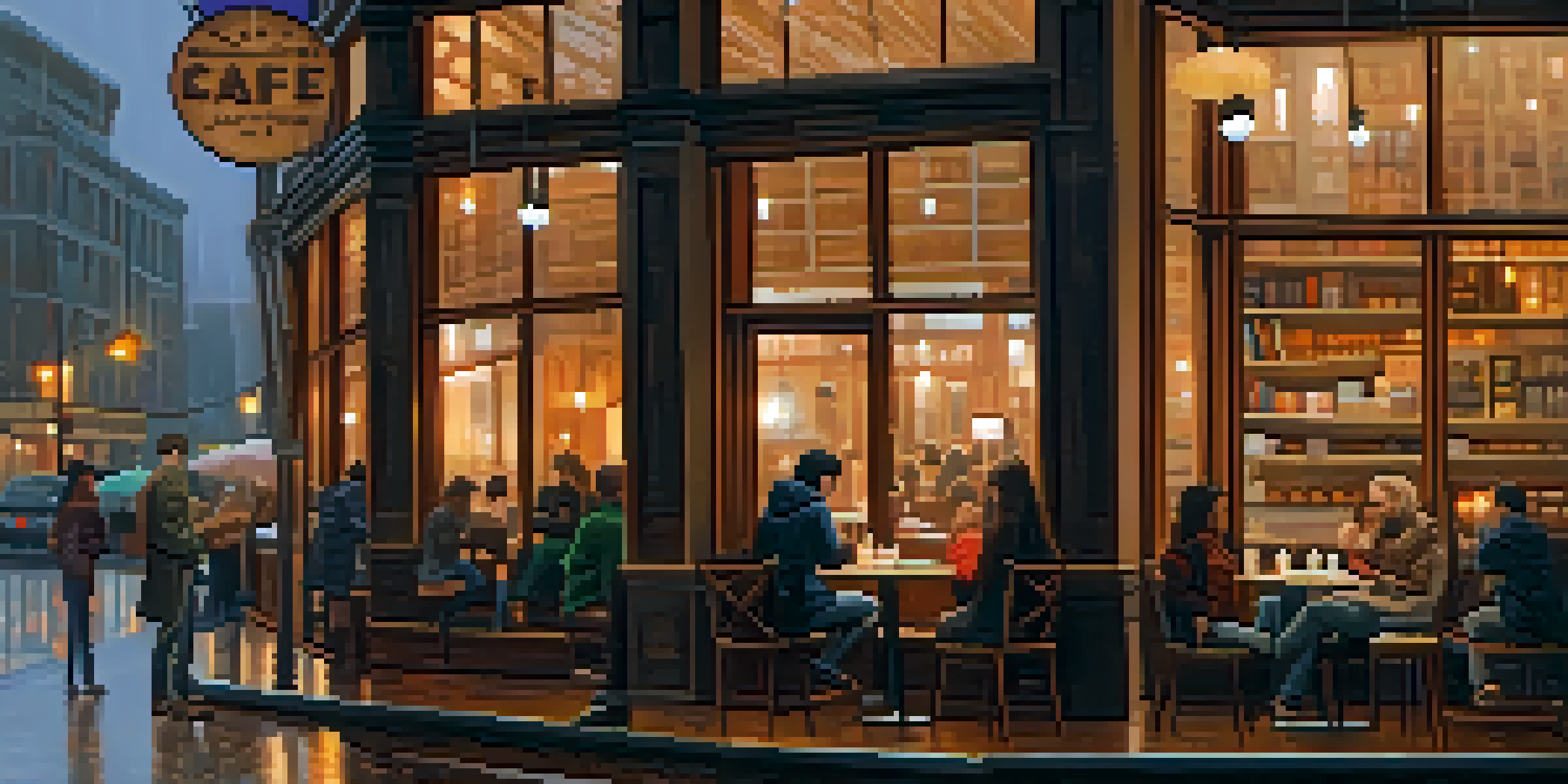 A cozy café in Seattle with people enjoying coffee and reading, seen through a rain-speckled window.
