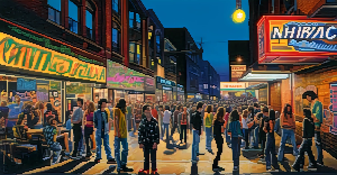 A bustling street scene in Seattle during the 1990s, featuring a grunge music venue and young people in grunge fashion.