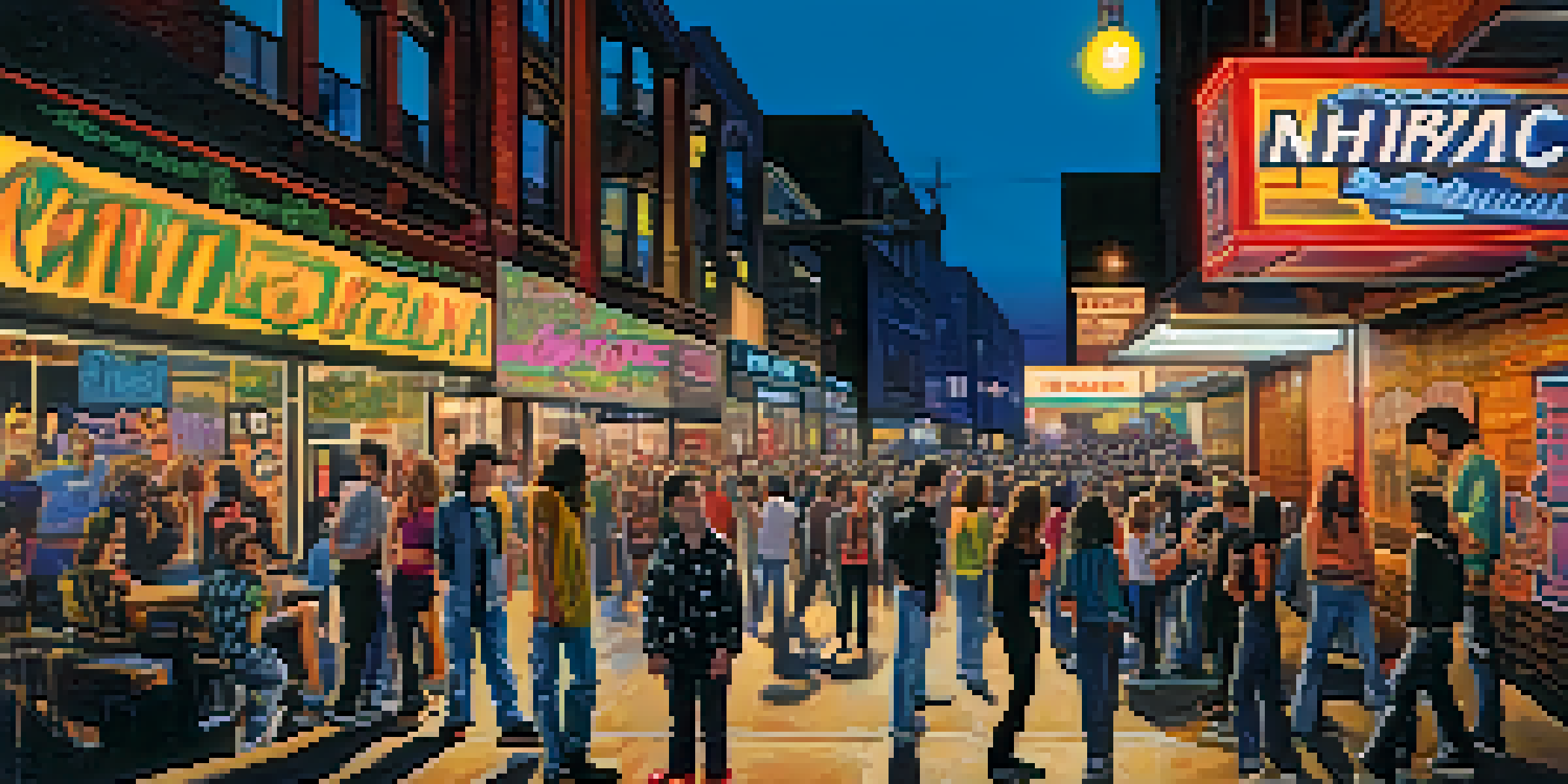 A bustling street scene in Seattle during the 1990s, featuring a grunge music venue and young people in grunge fashion.