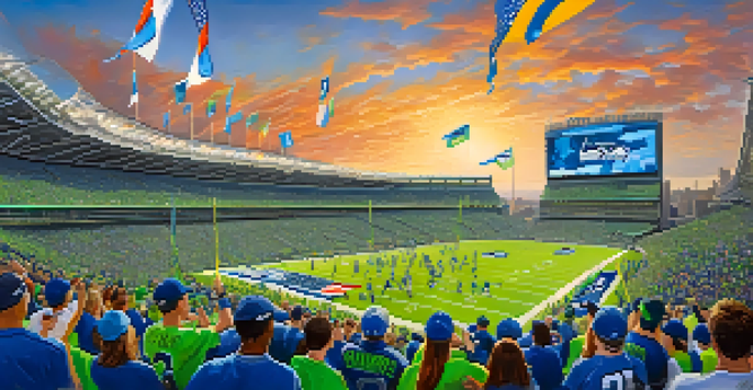 A lively crowd of Seattle Seahawks fans in blue and green jerseys at Lumen Field, creating an energetic atmosphere on game day.