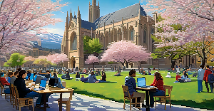 A lively university campus at the University of Washington with diverse students collaborating on research projects, cherry blossom trees, and Suzzallo Library in the background.