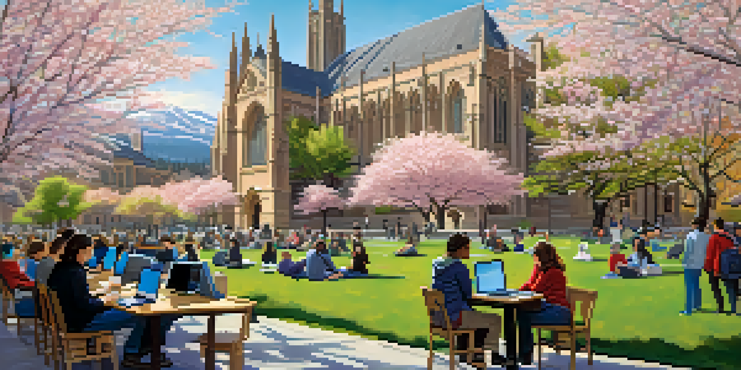 A lively university campus at the University of Washington with diverse students collaborating on research projects, cherry blossom trees, and Suzzallo Library in the background.