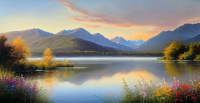 A beautiful sunrise illuminating a peaceful lake with blooming wildflowers in the foreground and mist rising from the water, surrounded by distant mountains.