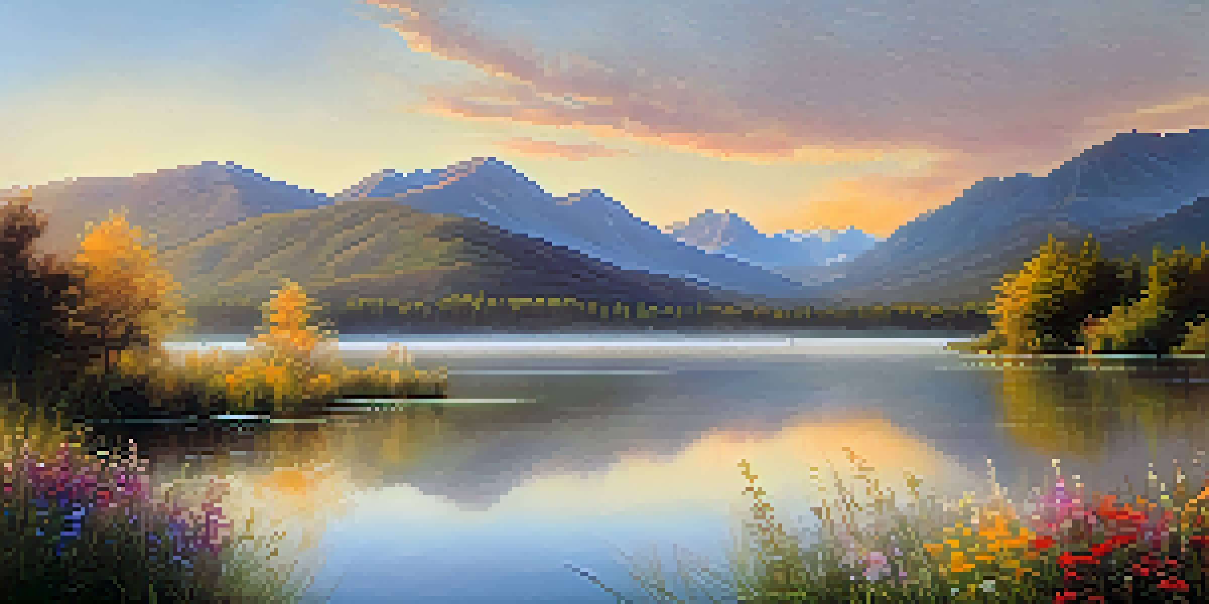 A beautiful sunrise illuminating a peaceful lake with blooming wildflowers in the foreground and mist rising from the water, surrounded by distant mountains.