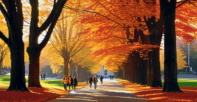 A panoramic view of the University of Washington's campus in autumn, featuring colorful fall leaves and students walking.