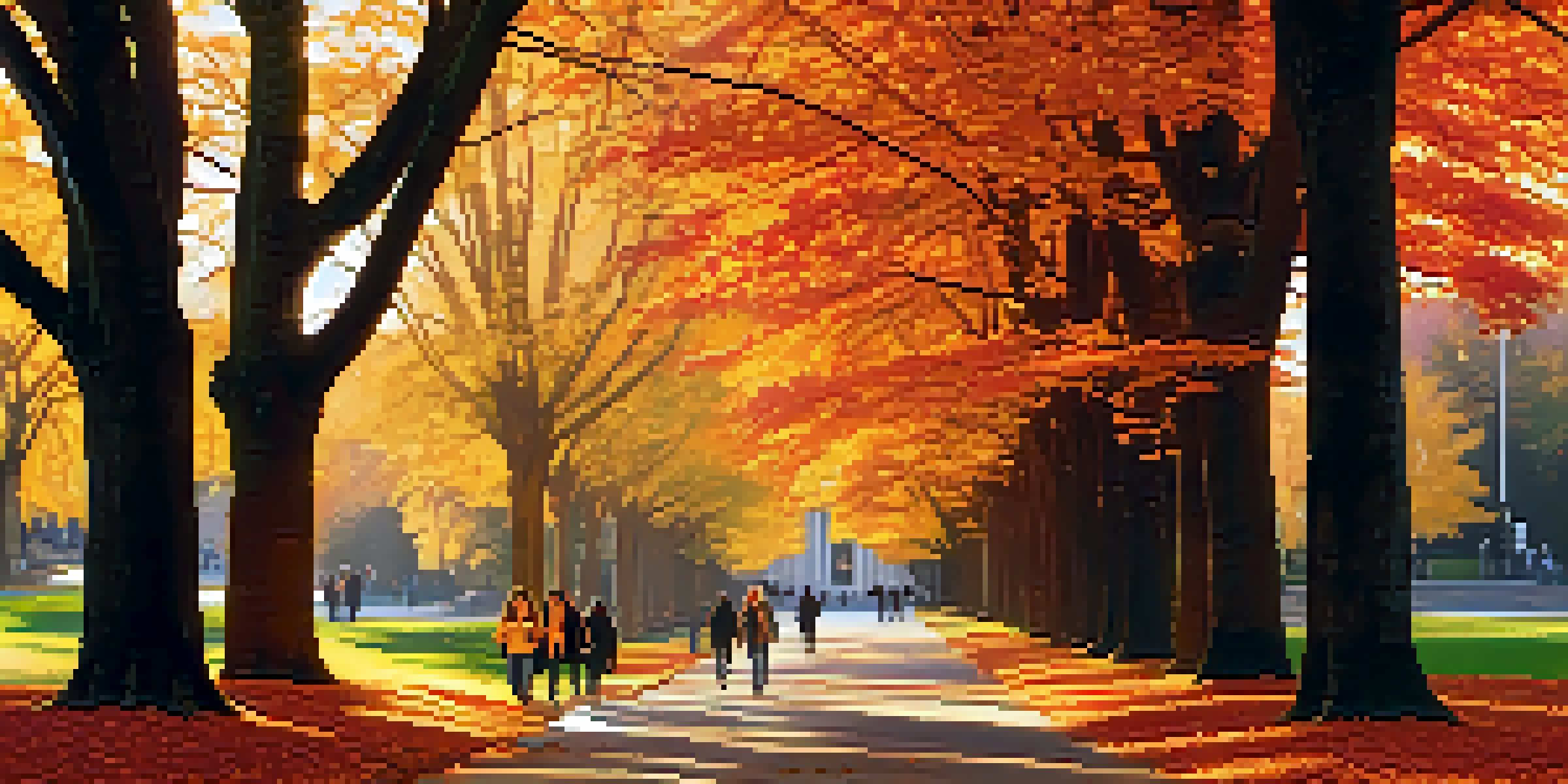 A panoramic view of the University of Washington's campus in autumn, featuring colorful fall leaves and students walking.