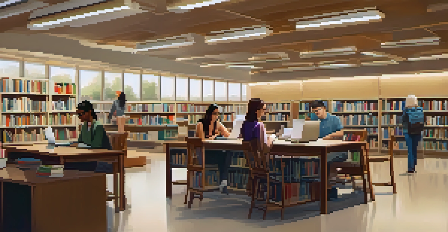 A peaceful library study area with students reading and using laptops, surrounded by bookshelves filled with various literature in a softly lit environment.