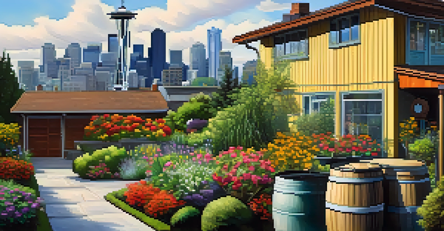 A home in Seattle with rain barrels collecting rainwater from the roof, surrounded by a vibrant garden and the city's skyline in the background.