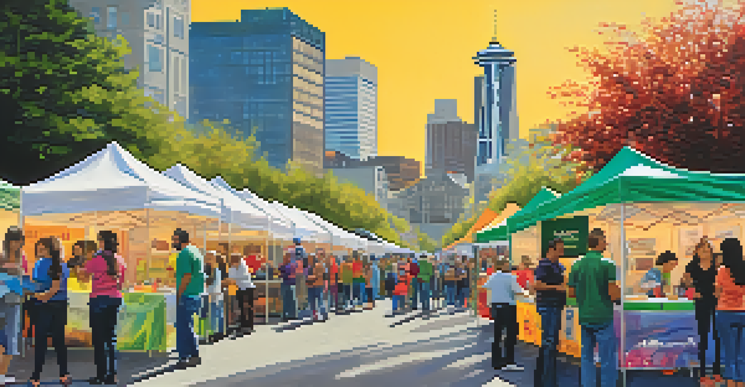 A lively outdoor community event in Seattle with families and booths promoting educational resources against the city skyline.