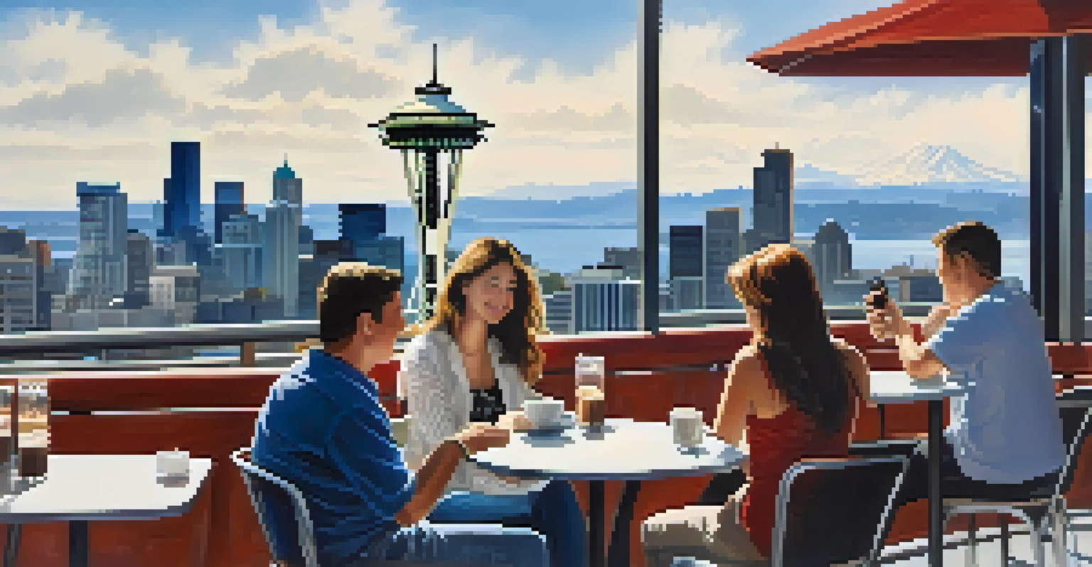 A rooftop café at the Space Needle with a panoramic view of the Seattle skyline and patrons enjoying coffee.