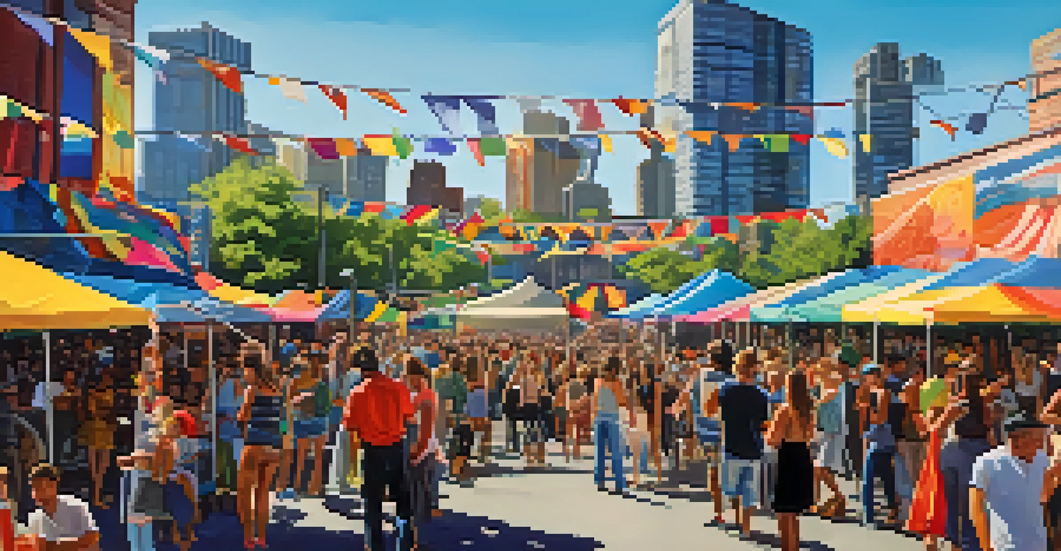 A lively Seattle music festival with a diverse crowd enjoying performances, colorful decorations, and food trucks under a clear blue sky.