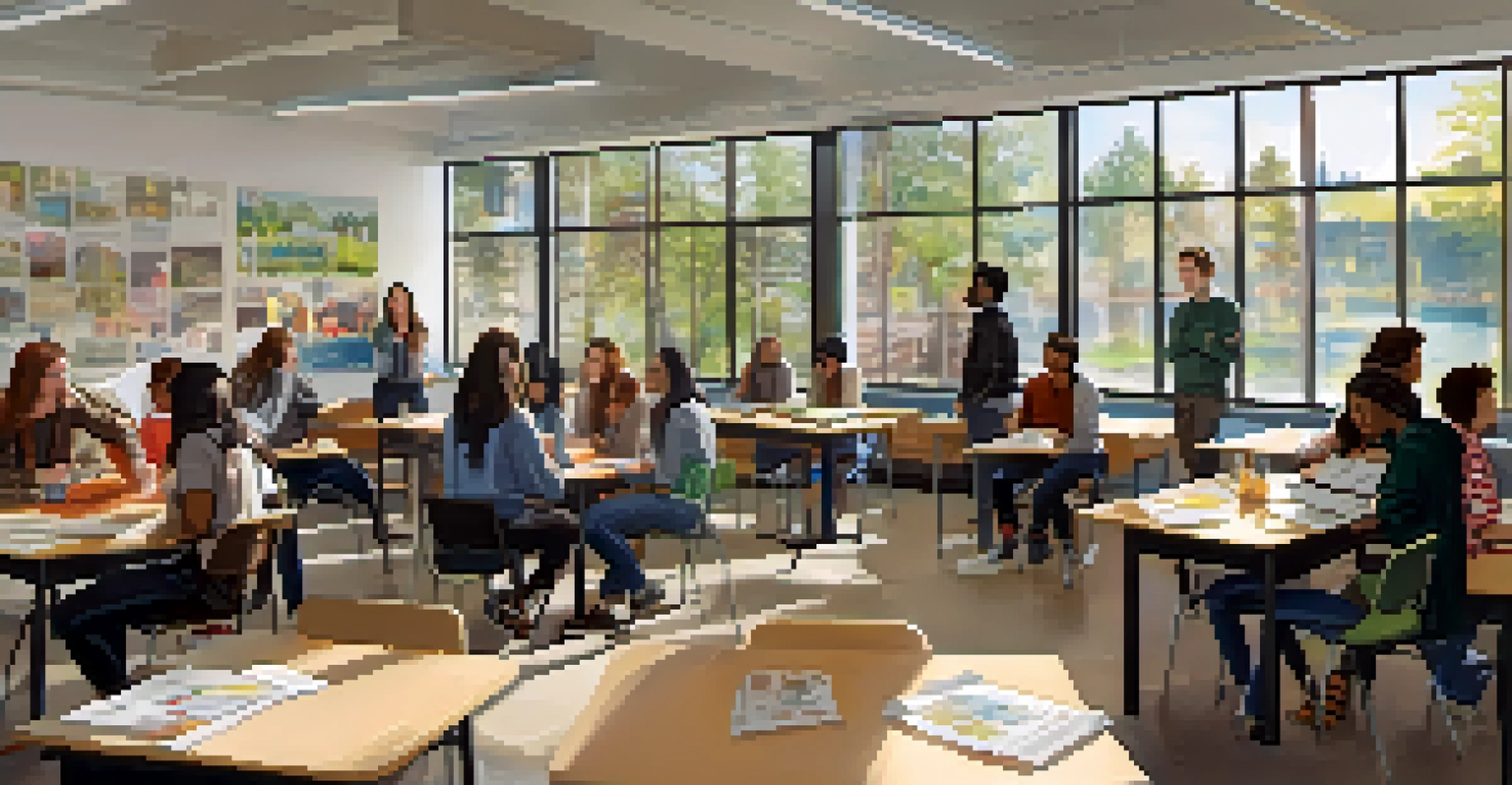 A classroom at Seattle Central College with diverse students engaged in a group discussion, filled with natural light.