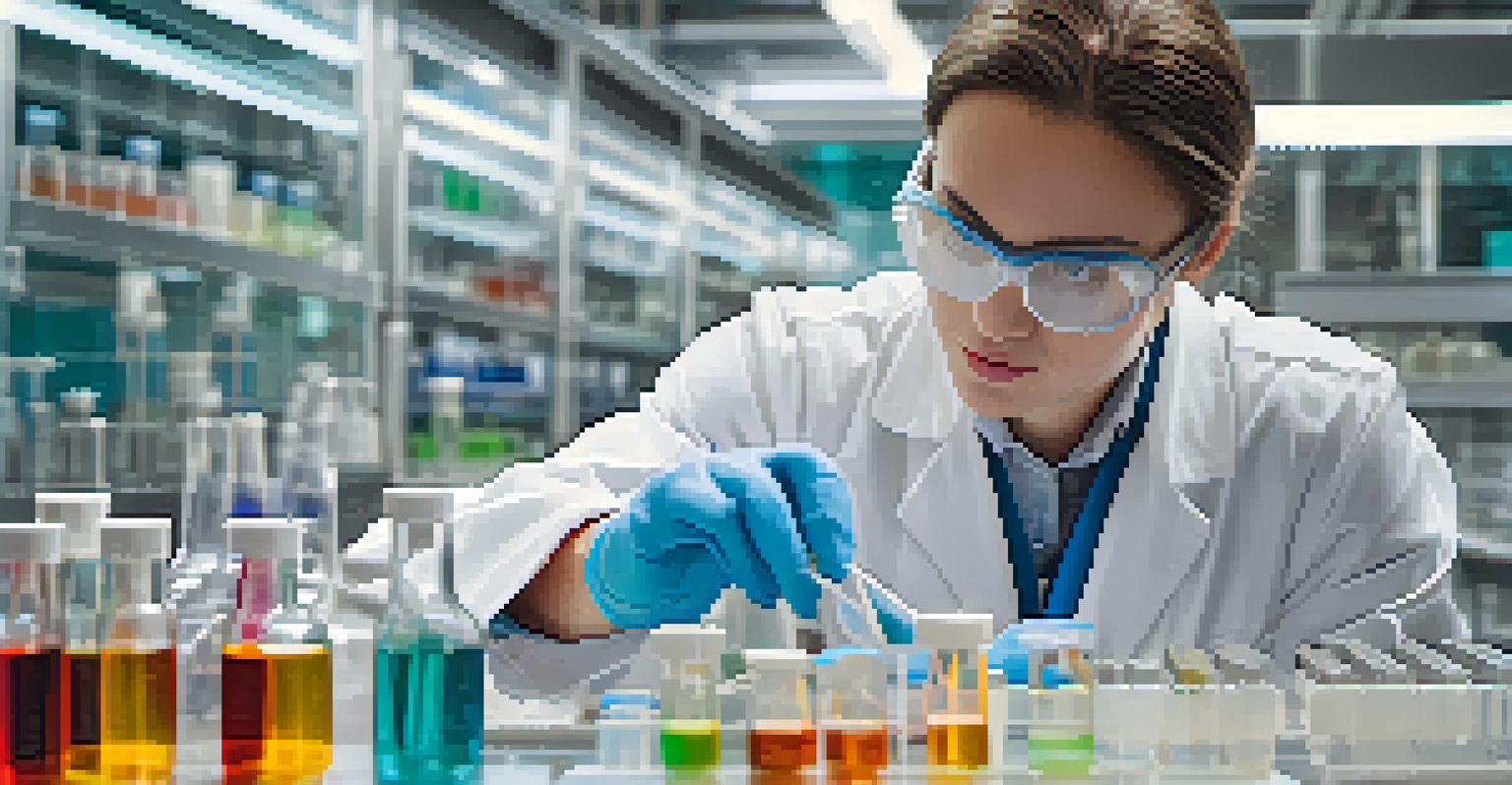 A researcher in a lab examining a petri dish, surrounded by modern scientific equipment and colorful liquids.