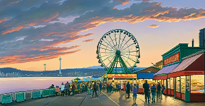 A beautiful sunset over Seattle's waterfront, highlighting Pike Place Market and the Great Wheel.