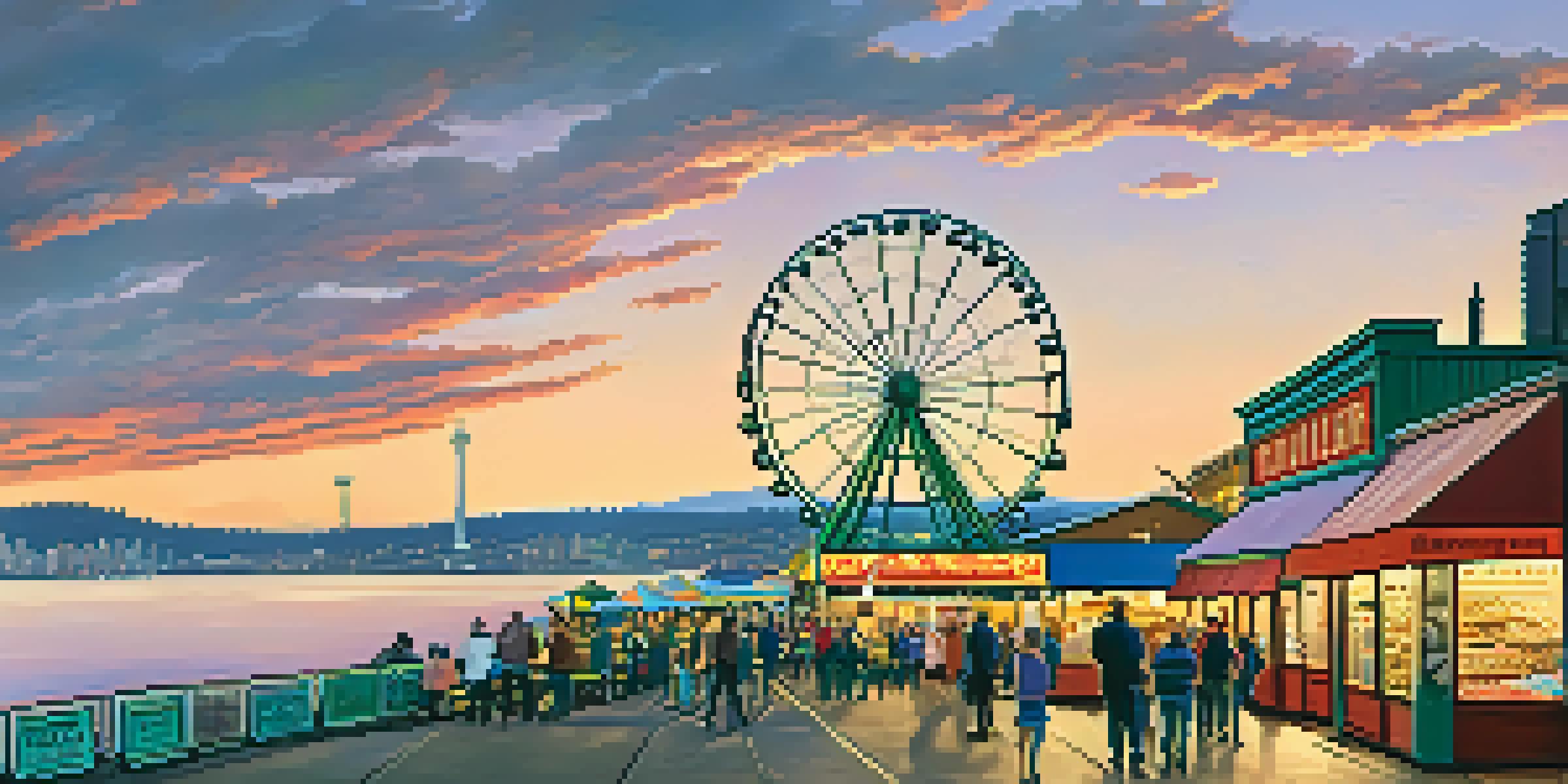 A beautiful sunset over Seattle's waterfront, highlighting Pike Place Market and the Great Wheel.