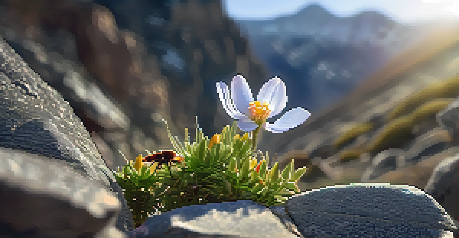 A detailed close-up of a colorful wildflower with blurred rocky mountains in the background.