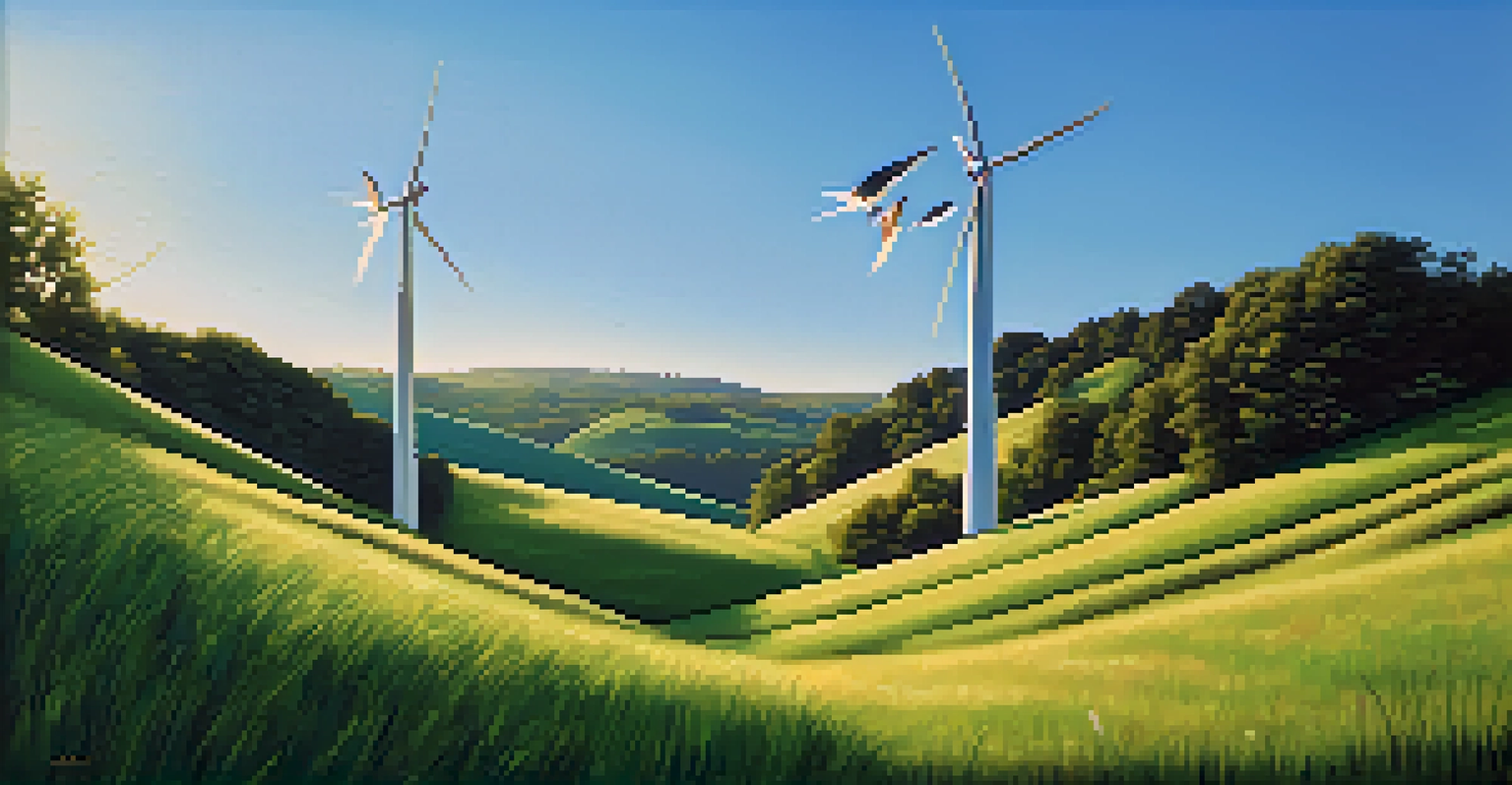A close-up of a wind turbine against a clear blue sky with lush green hills in the background.