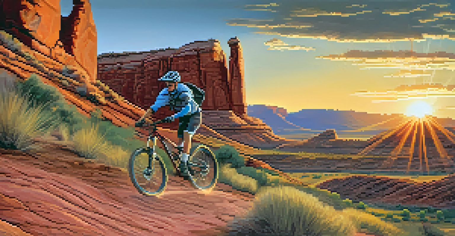 A mountain biker riding on a rugged trail surrounded by striking red rock formations during sunset.