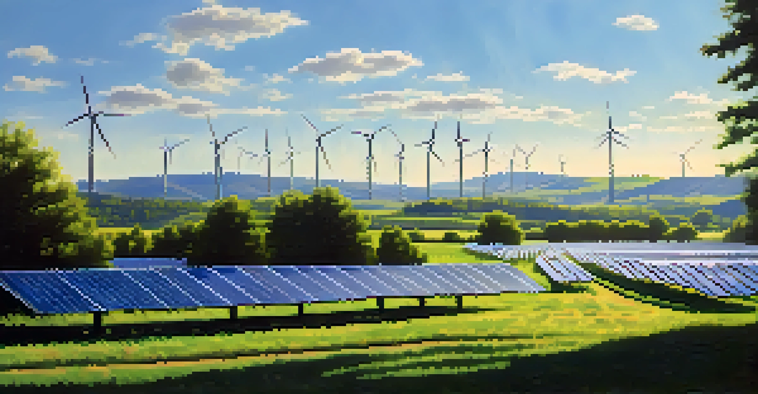 A peaceful solar farm near Seattle with solar panels and wind turbines under a bright blue sky, symbolizing renewable energy commitment.