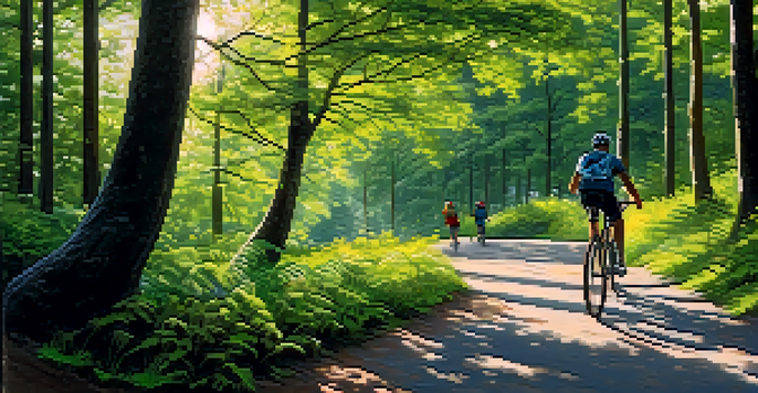 A cyclist riding on a winding trail through a vibrant green forest, with sunlight shining through the tree canopy.