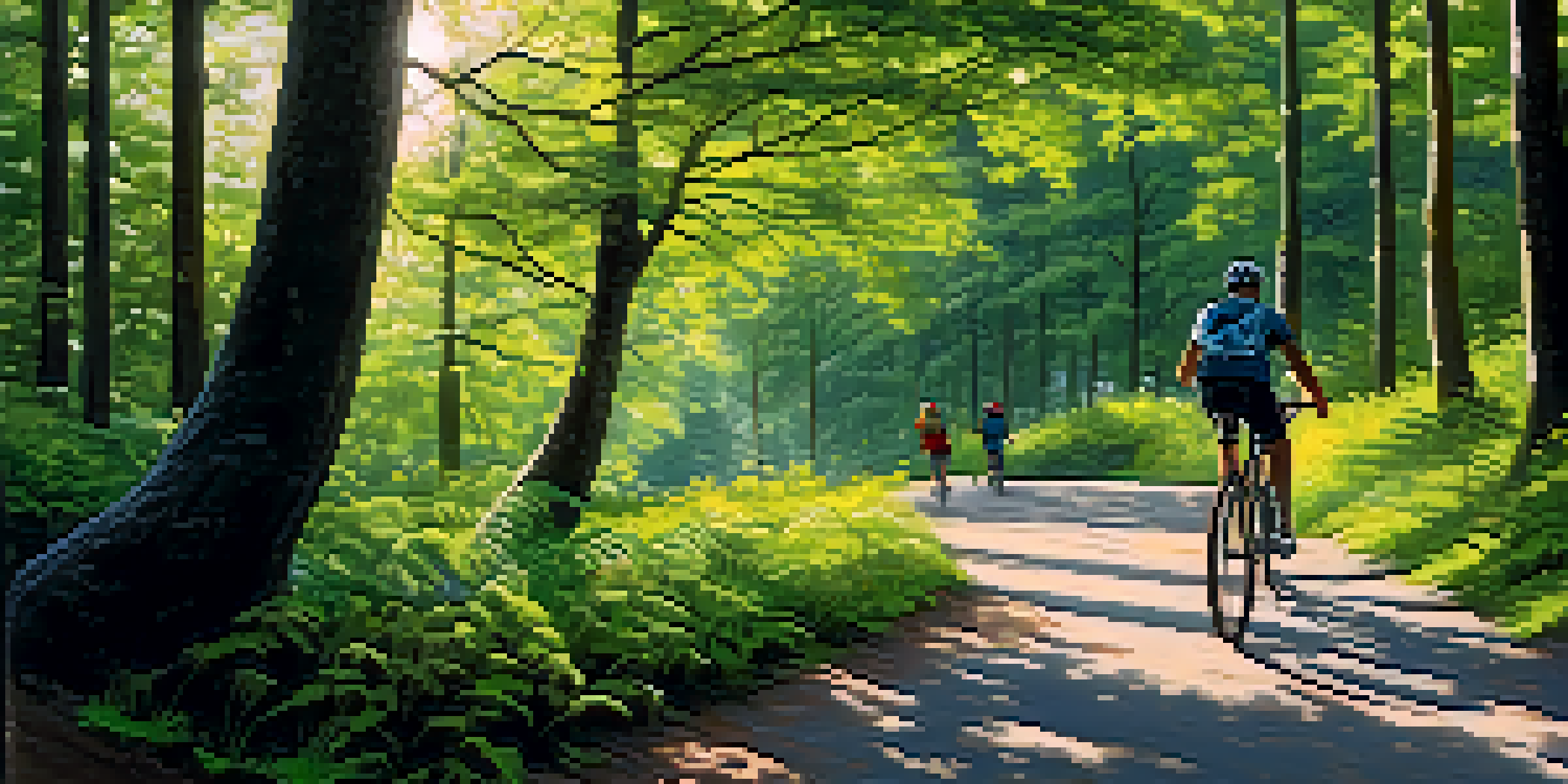 A cyclist riding on a winding trail through a vibrant green forest, with sunlight shining through the tree canopy.