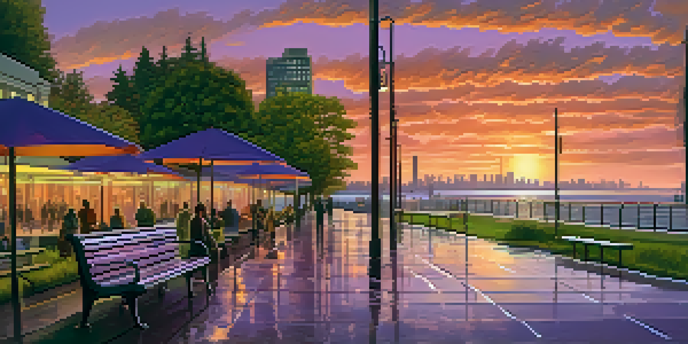 A panoramic view of a flooded waterfront park in Seattle during sunset, highlighting the effects of rising sea levels.