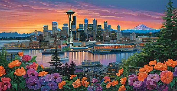A sunset view of Seattle's skyline with the Space Needle and Amazon Spheres, vibrant colors in the sky, and people at the waterfront.