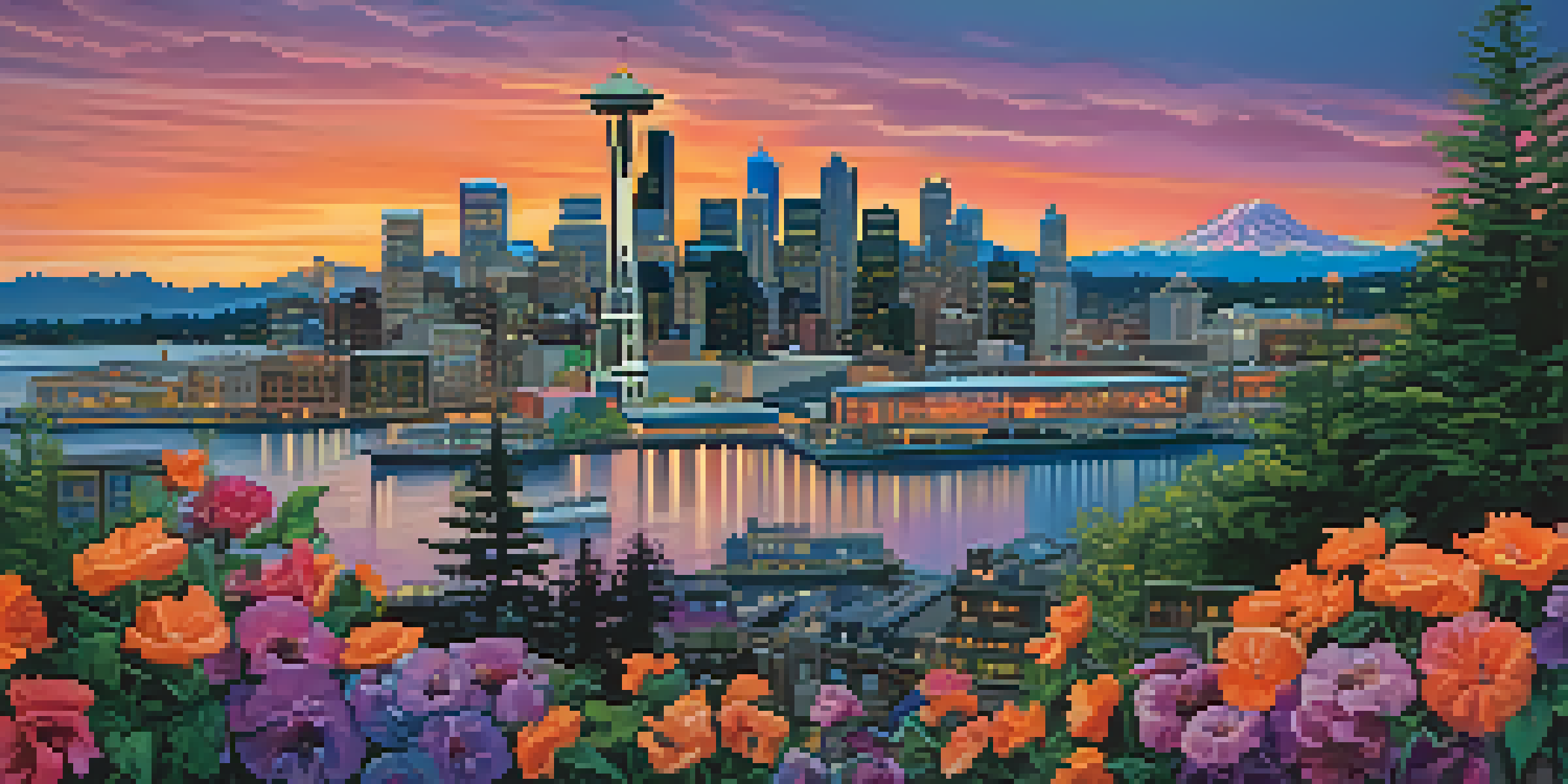 A sunset view of Seattle's skyline with the Space Needle and Amazon Spheres, vibrant colors in the sky, and people at the waterfront.