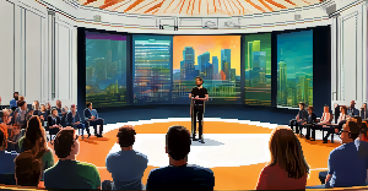An entrepreneur presenting at a startup pitch event in Seattle, with an audience and screens in the background.