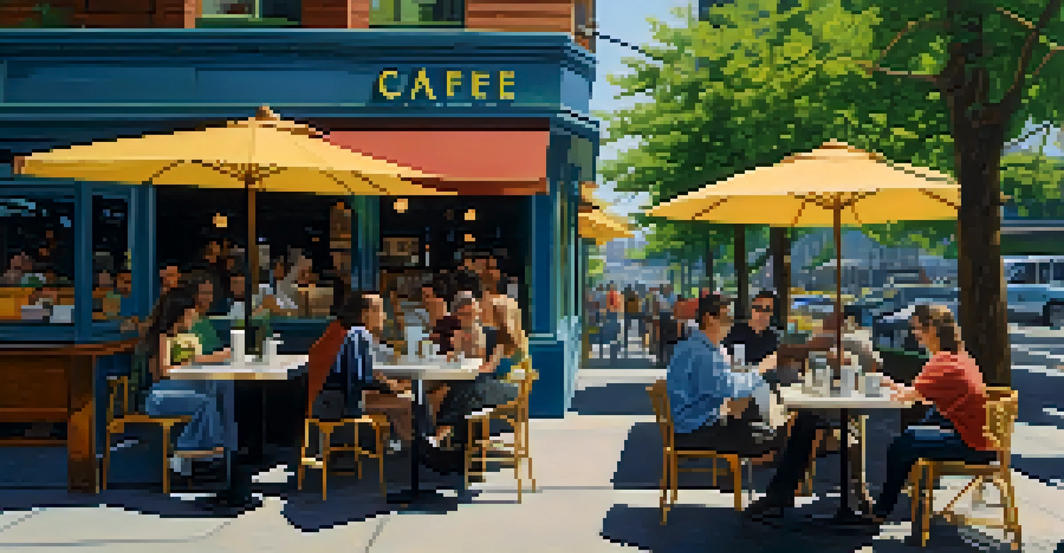 Outdoor scene of a busy Seattle café with people at tables, greenery around, and the Seattle skyline in the background.