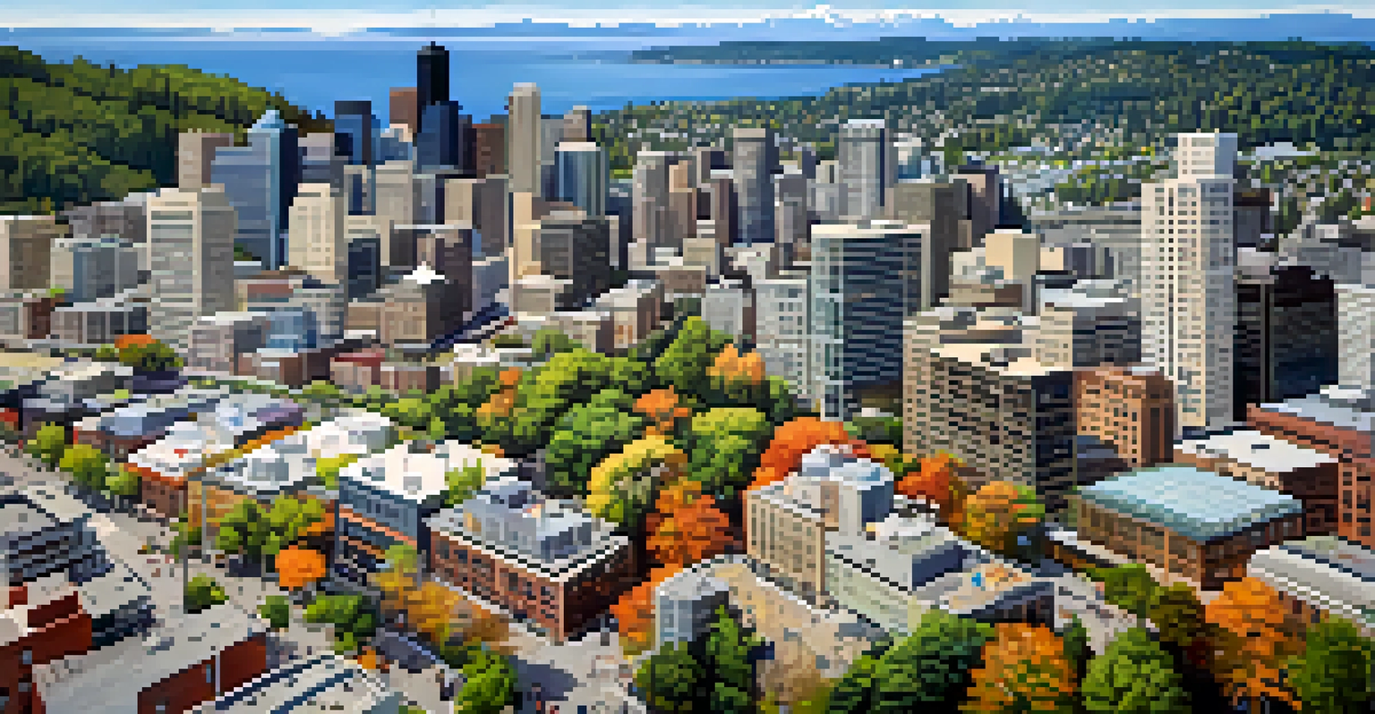 Aerial view of Seattle, highlighting parks and outdoor areas where people are engaging in recreational activities against a cityscape backdrop.