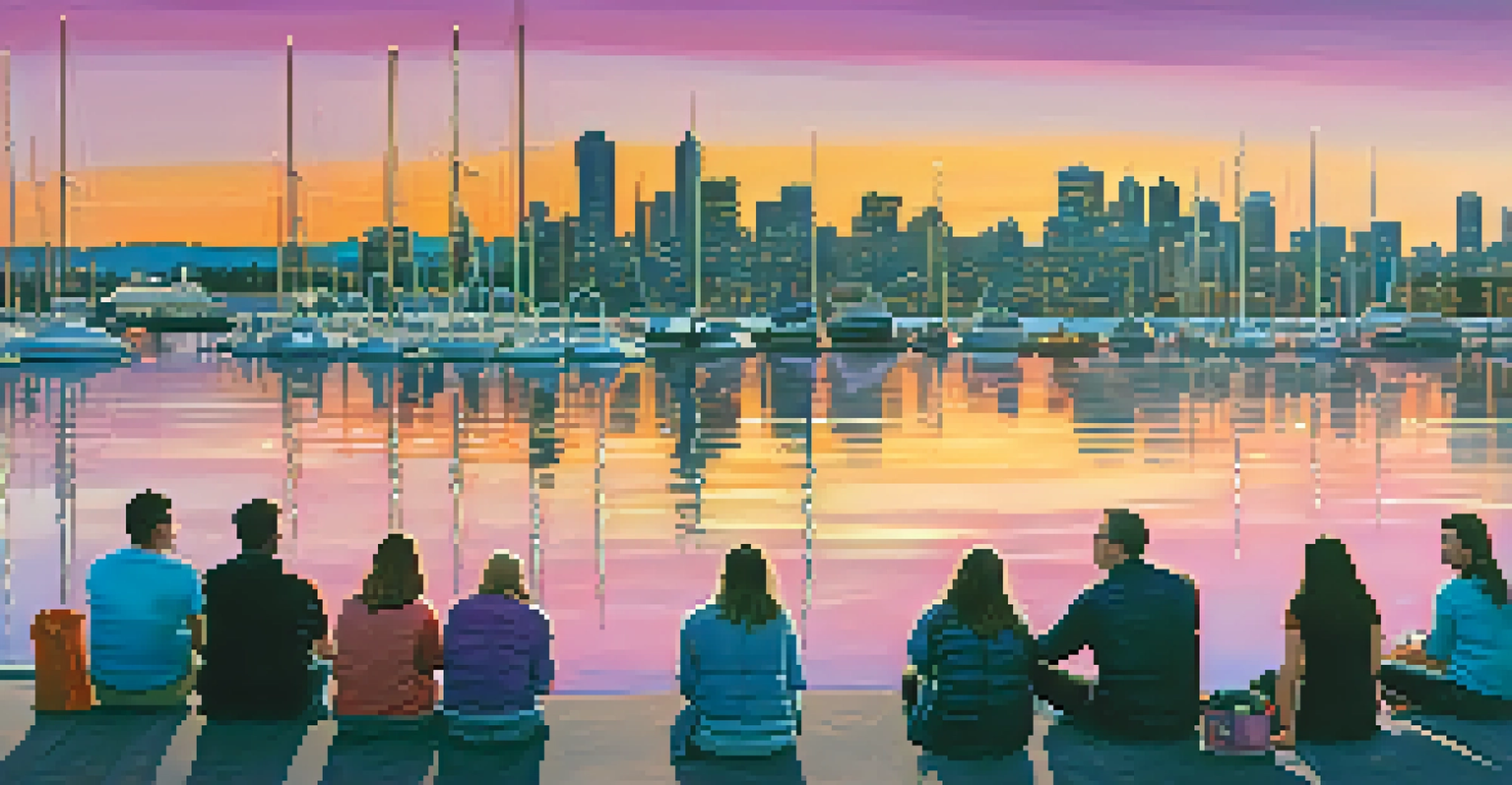 A beautiful Seattle waterfront at sunset with the skyline reflected in the water, people enjoying a community event.