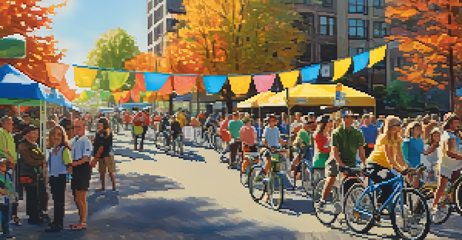 Community event in Seattle with people celebrating 'Bike to Work Month', surrounded by colorful banners and booths in a sunny setting.