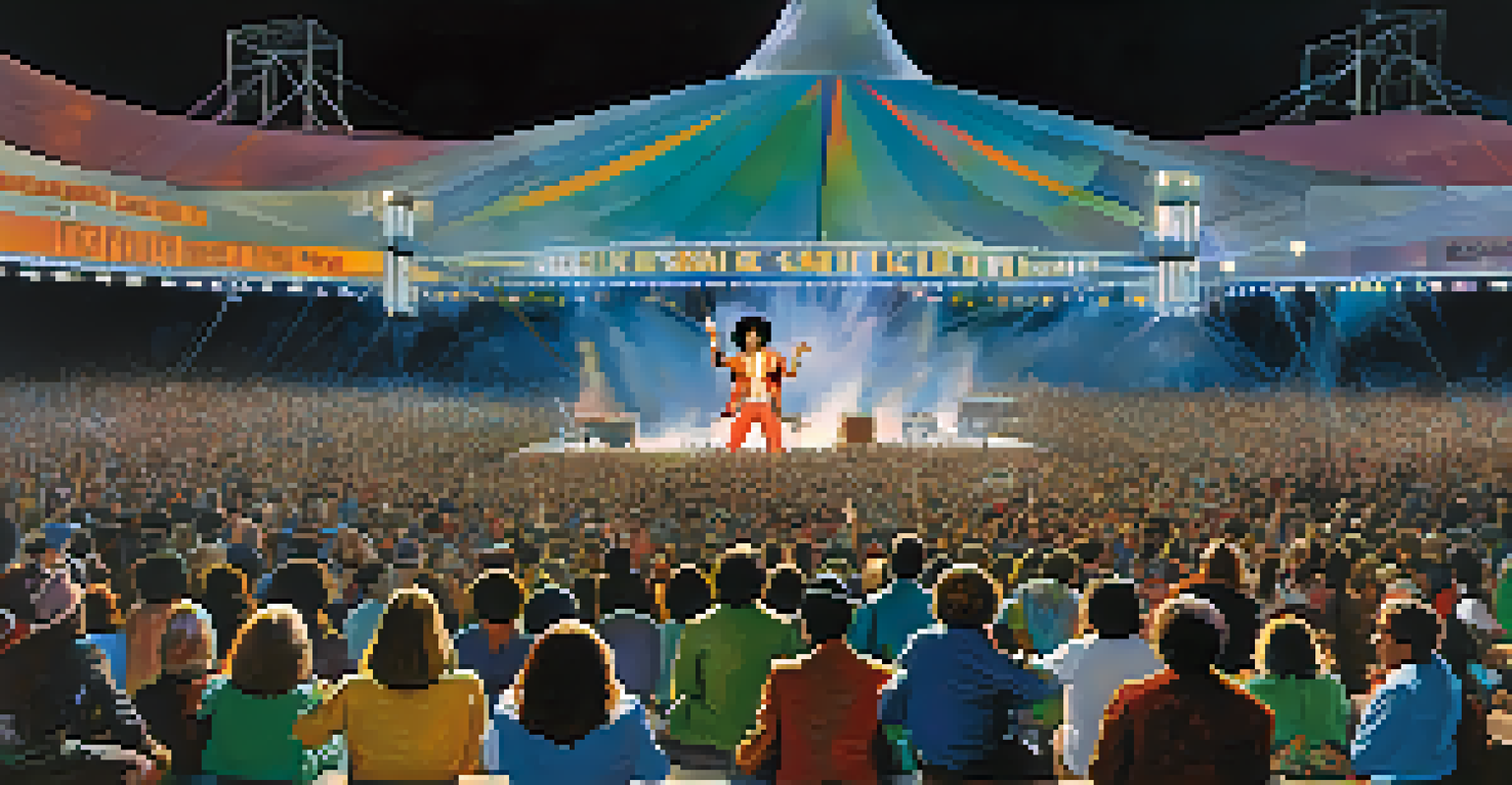 A historical outdoor concert at the Seattle Center Coliseum in 1970, featuring Jimi Hendrix performing on stage with a lively crowd in attendance.
