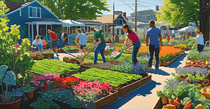 A lively community garden where diverse individuals are planting vegetables and flowers under a sunny sky, showcasing vibrant colors and greenery.