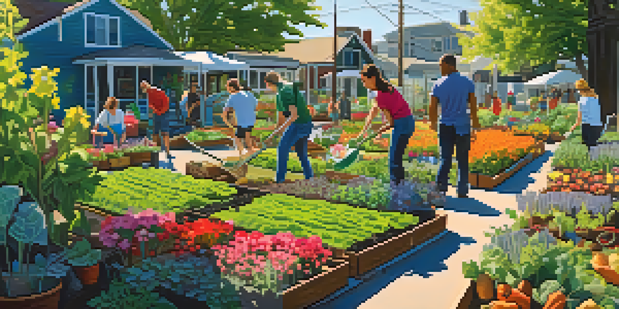 A lively community garden where diverse individuals are planting vegetables and flowers under a sunny sky, showcasing vibrant colors and greenery.