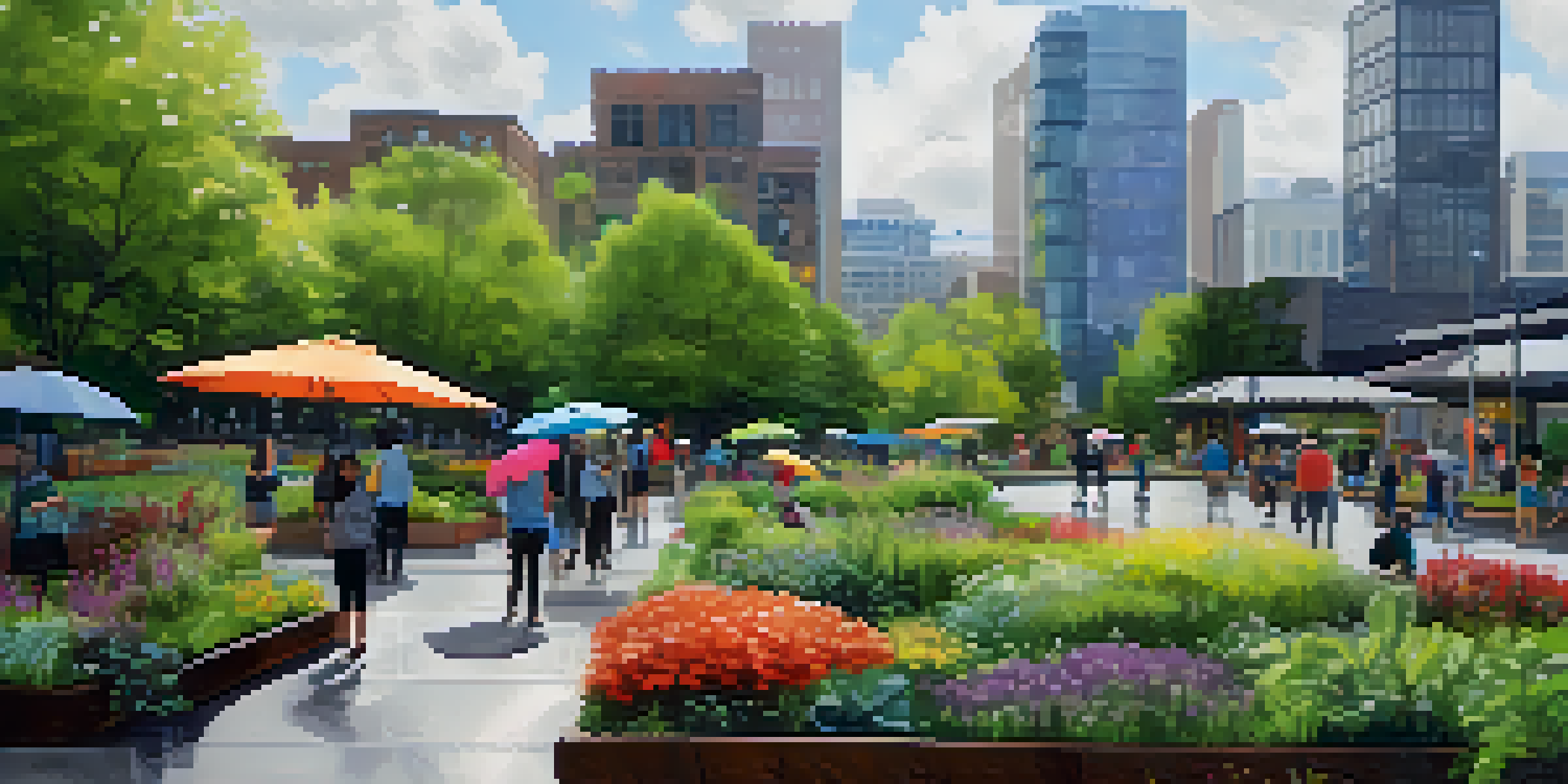 A lively Seattle park with lush greenery, people with umbrellas, and modern buildings in the background under a cloudy sky.