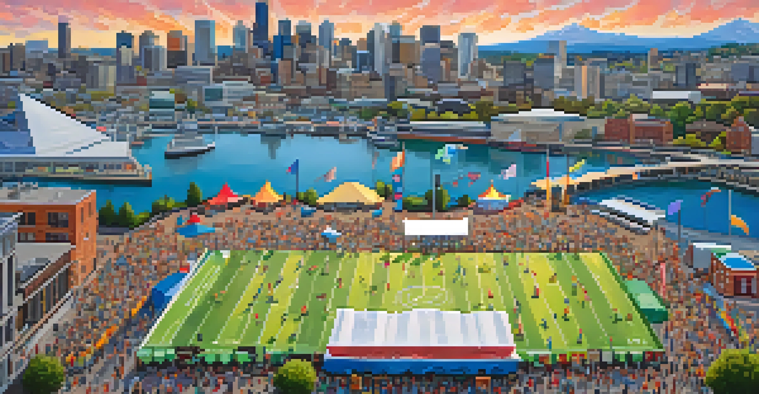 Aerial view of a lively pre-game celebration outside Lumen Field with food trucks and fans, against the Seattle skyline.