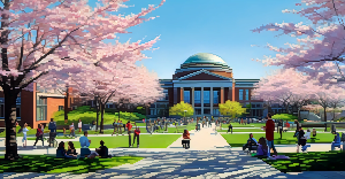 A springtime view of Seattle University with cherry blossom trees and students engaging in activities.