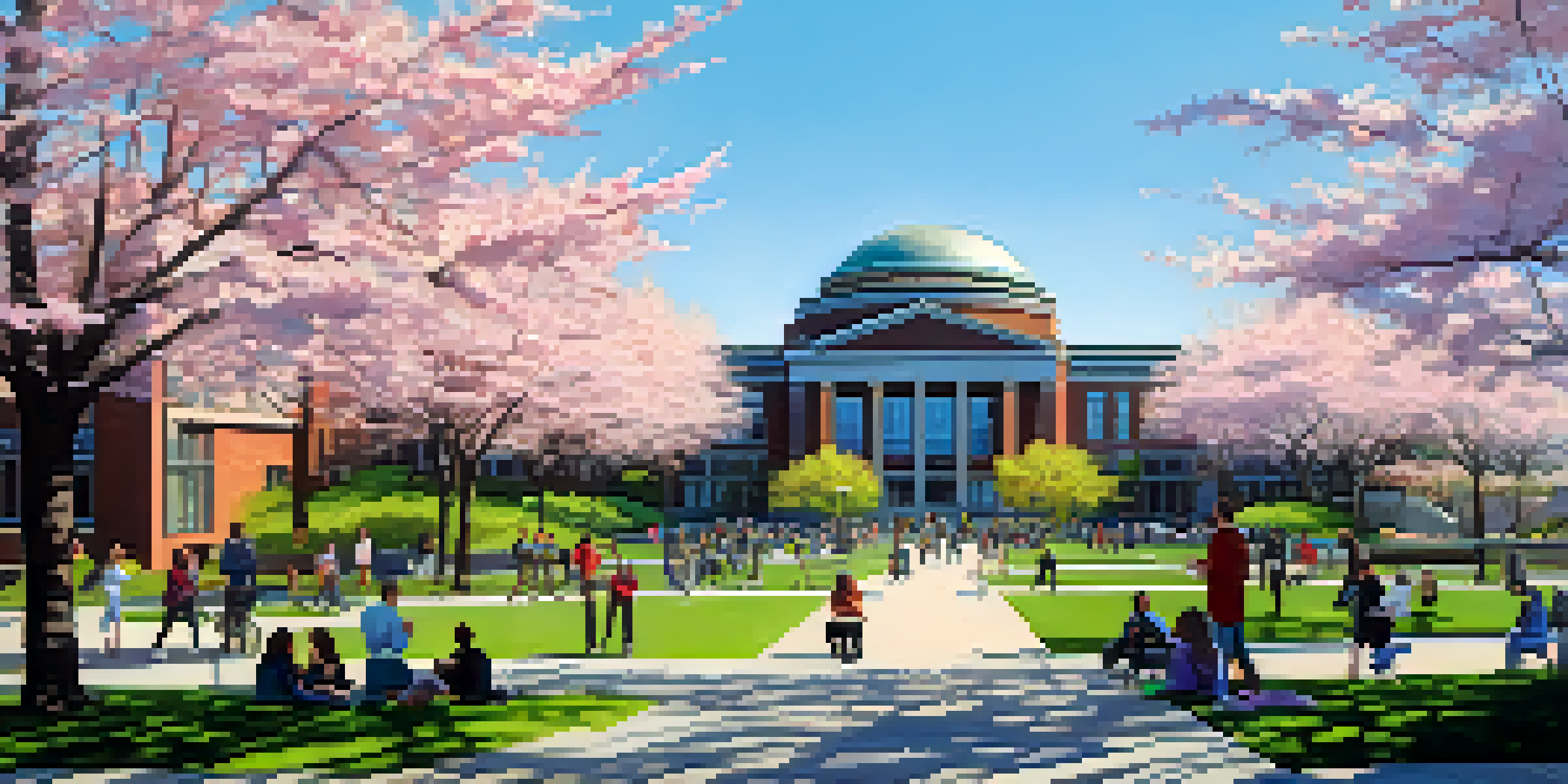 A springtime view of Seattle University with cherry blossom trees and students engaging in activities.