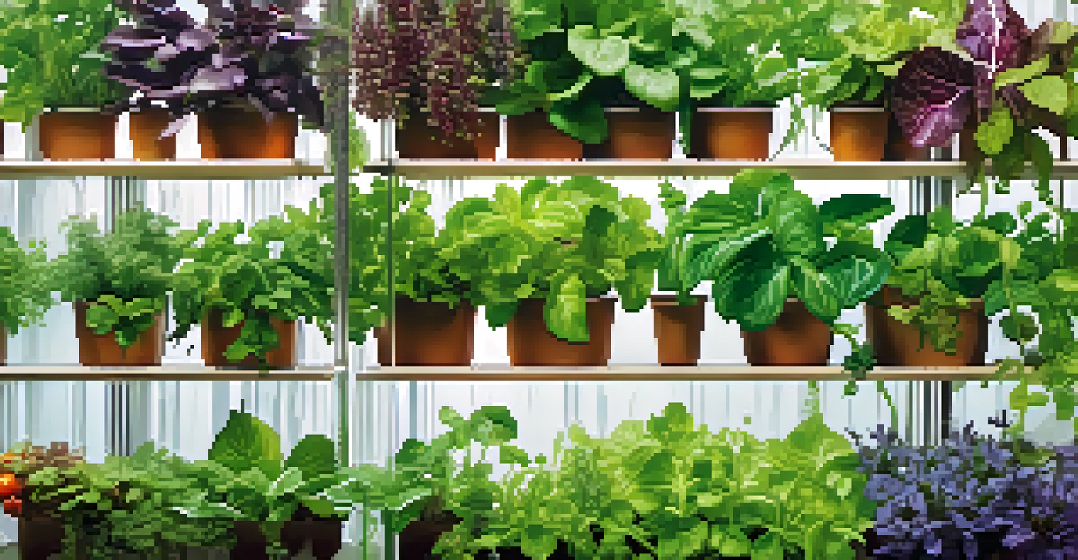 A close-up of a vertical hydroponic garden in Seattle, showcasing colorful herbs and vegetables with water droplets on the leaves, illuminated by soft lighting.