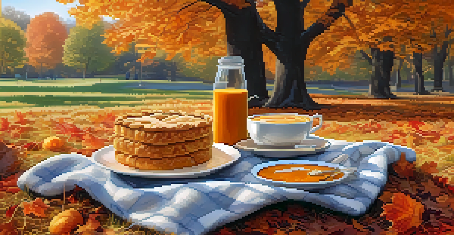 An autumn picnic with warm foods in a park surrounded by colorful fall leaves.