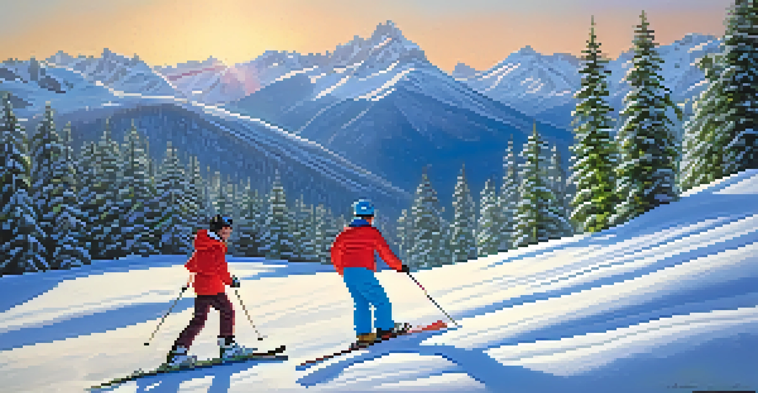 A beginner skier receiving instruction on a gentle slope, with snow-covered trees and mountains in the background.