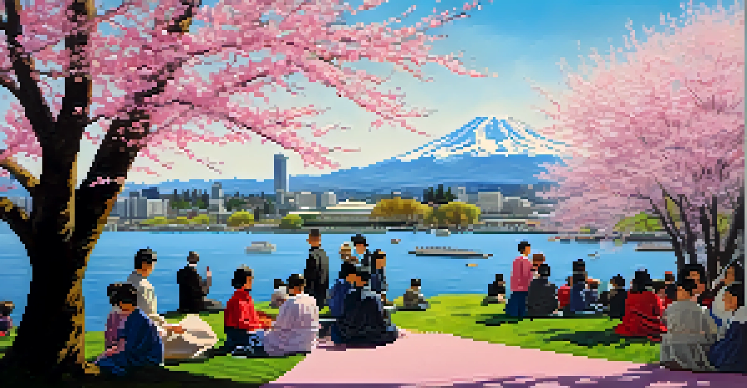 A picturesque scene of cherry blossoms in bloom at a festival, with people enjoying cultural performances beneath the trees at the Seattle Center.