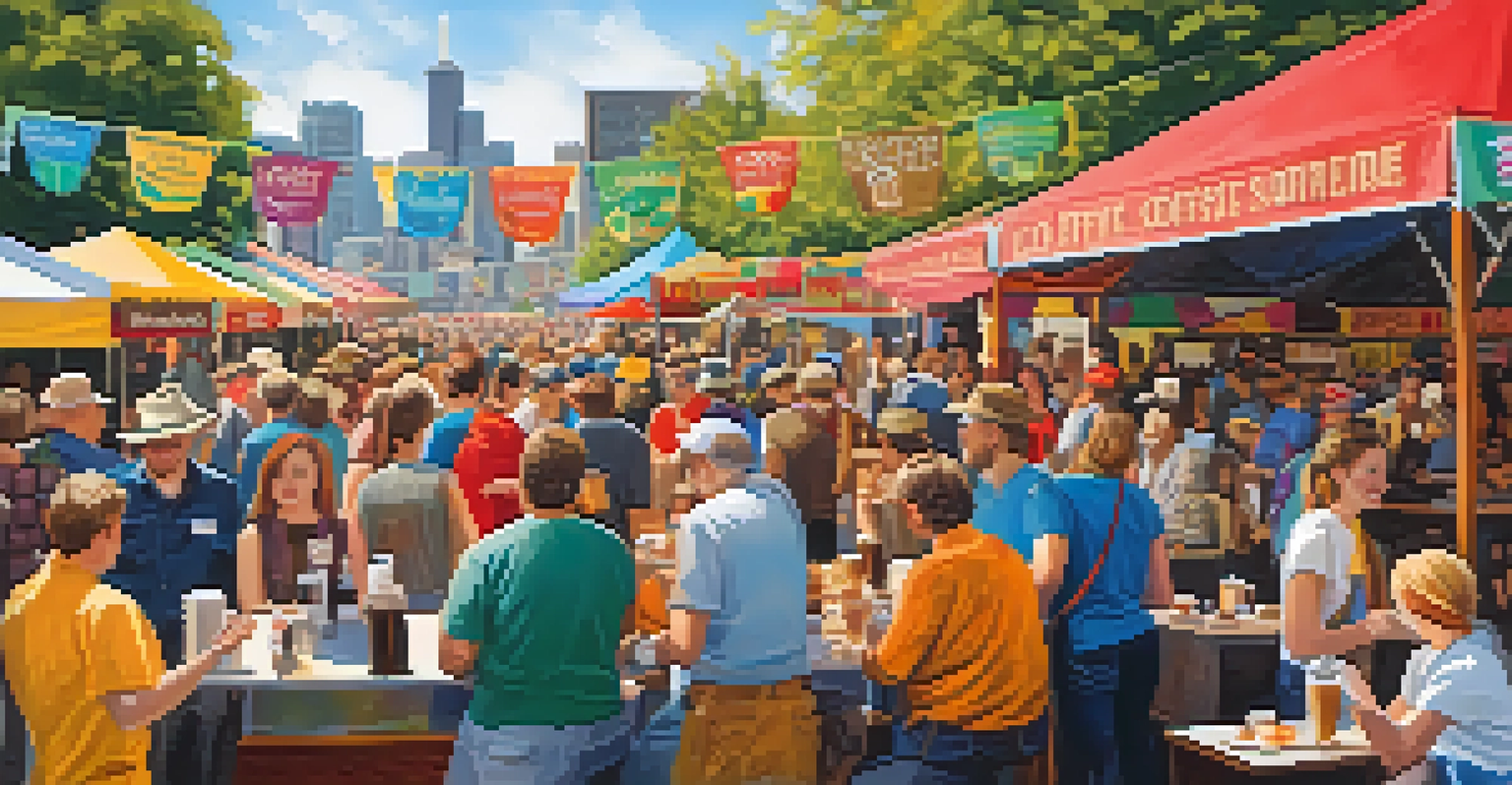 A lively outdoor coffee festival in Seattle with booths, attendees sampling coffee, and colorful decorations.