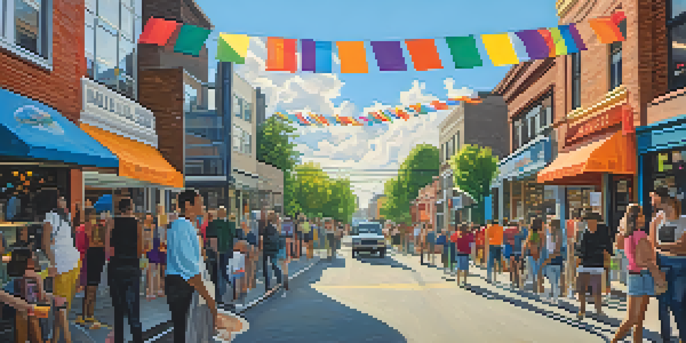 A bustling street in Capitol Hill, Seattle, filled with colorful murals, pride flags, and people of various backgrounds enjoying the vibrant atmosphere.